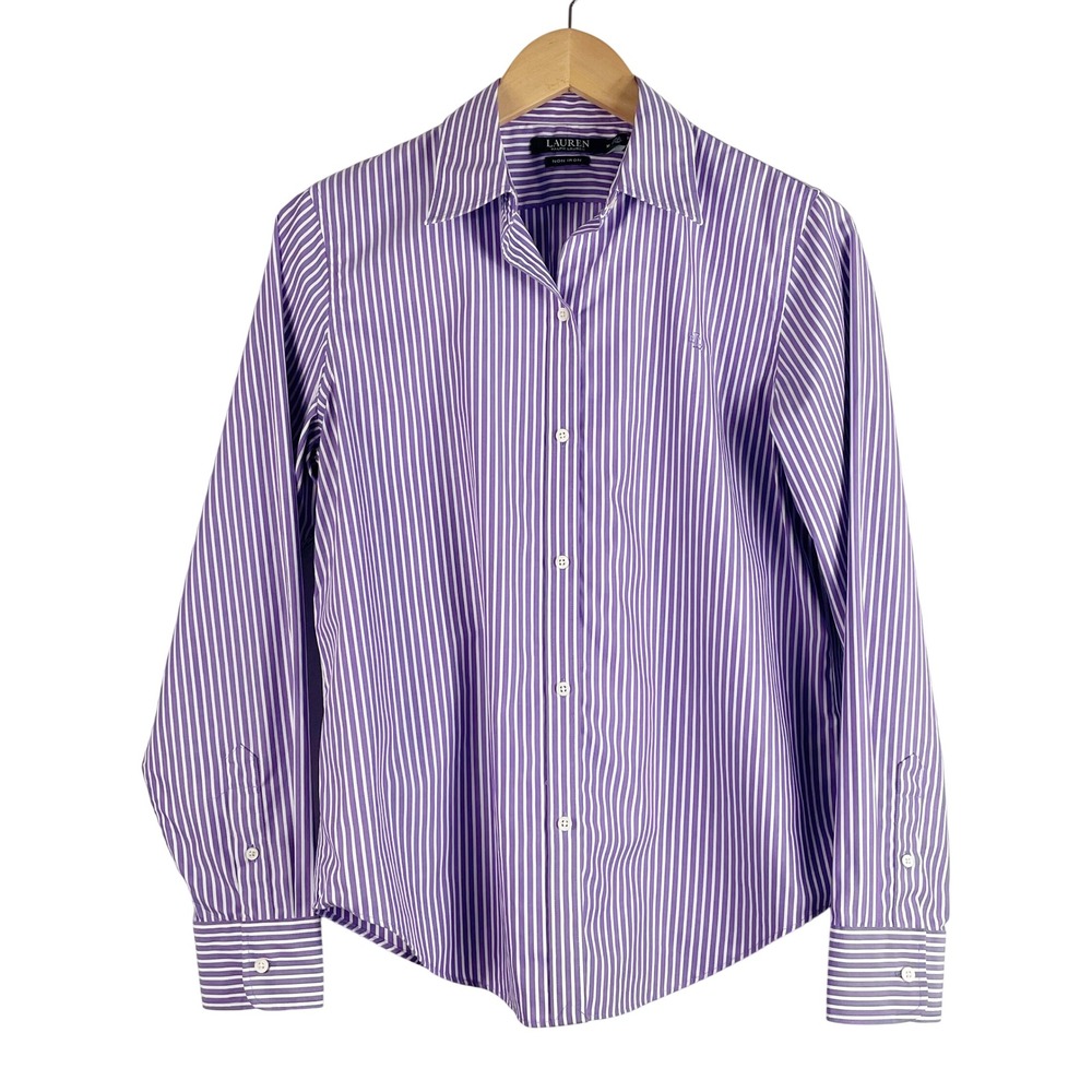 Lauren Ralph Lauren Shirt Women Medium Purple Striped Excellent Non-Iron Cotton